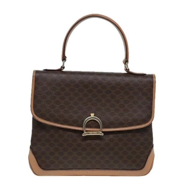 CELINE Macadam Canvas Hand Bag PVC Leather Brown Gold Auth - Picture 1 of 16